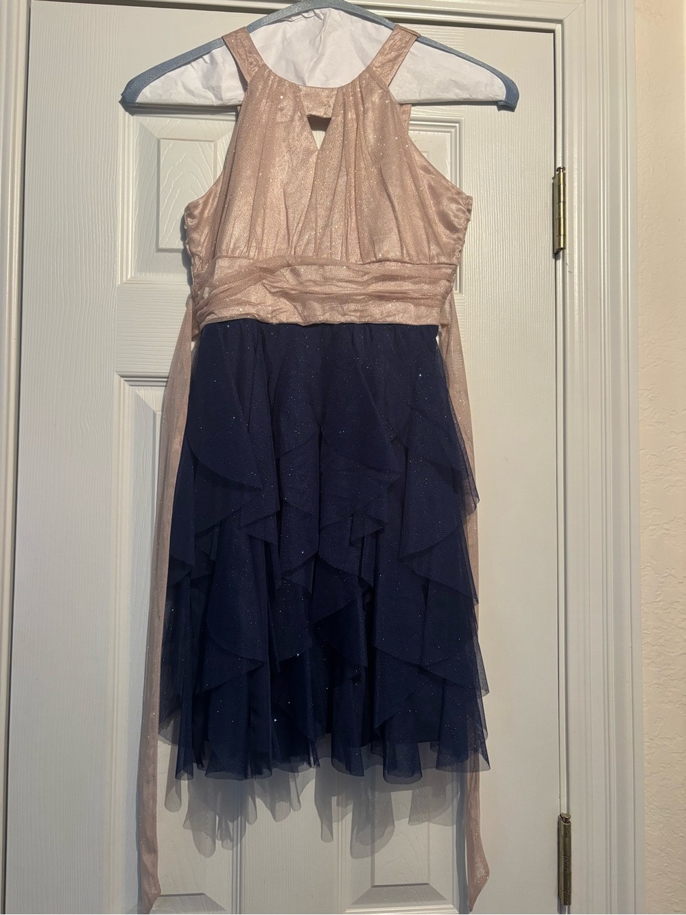 Rare Editions Gold and Navy Sparkle Layered Tulle Dress